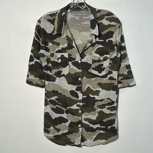 MAJESTIC FILATURES DU LION Linen Camo City Chic Casual Elbow Button Down Top S